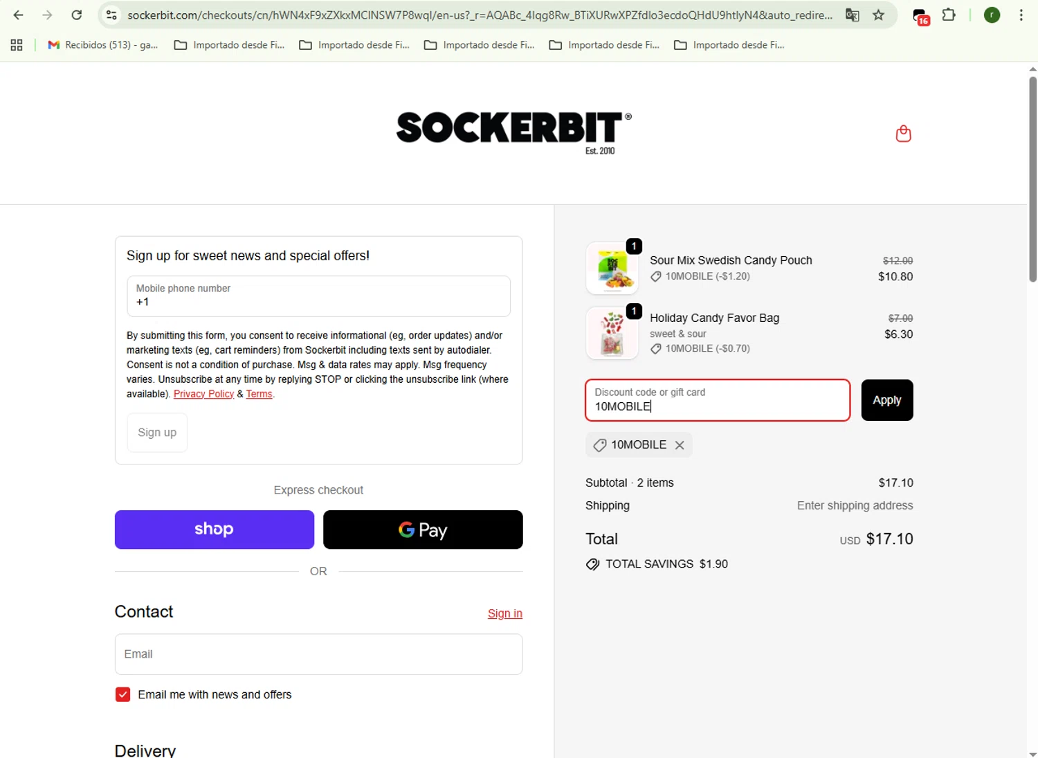 Sockerbit discount code screenshot showing code 10MOBILE applied at Sockerbit checkout page. Uploaded by SimplyCodes community member VoucherKnight6415 on Nov 5, 2025