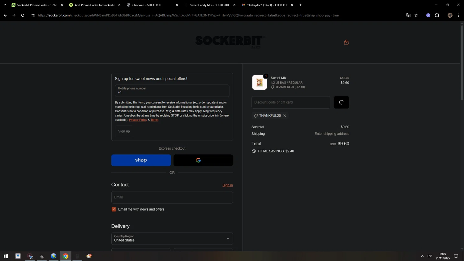 Sockerbit discount code screenshot showing code THANKFUL20 applied at Sockerbit checkout page. Uploaded by SimplyCodes community member MarcosAranguren on Nov 21, 2025