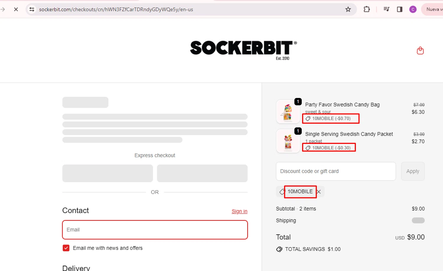 Sockerbit discount code screenshot showing code 10MOBILE applied at Sockerbit checkout page. Uploaded by SimplyCodes community member nileskamarcano on Sep 21, 2025