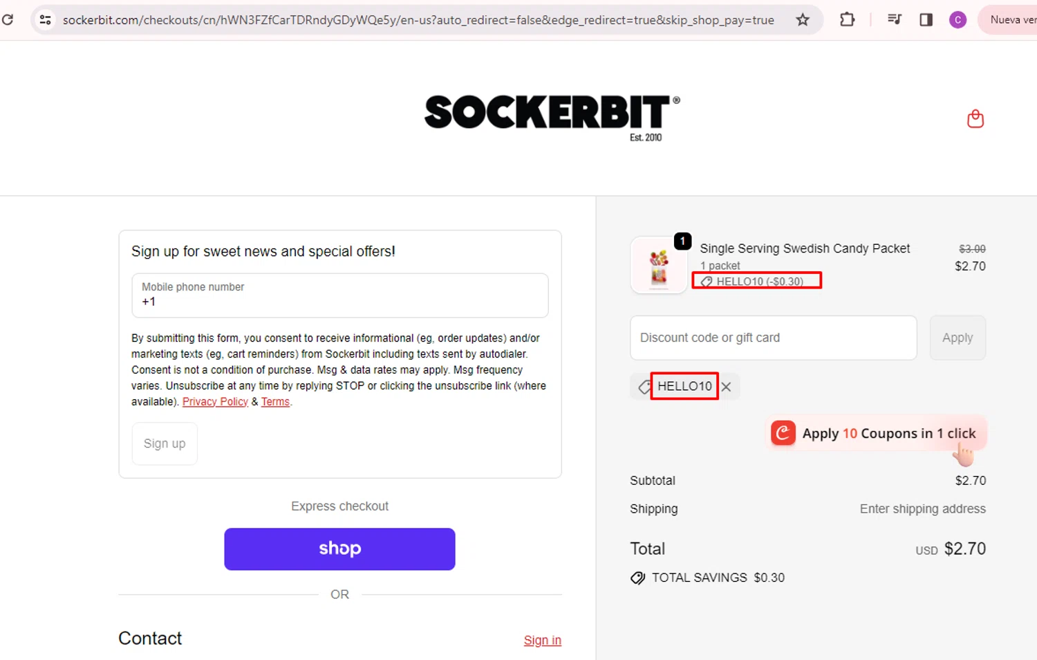 Sockerbit discount code screenshot showing code HELLO10 applied at Sockerbit checkout page. Uploaded by SimplyCodes community member nileskamarcano on Sep 21, 2025