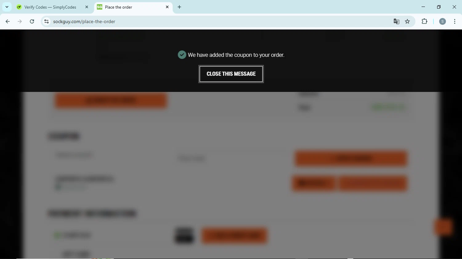 SockGuy promo code screenshot showing code CARTER15 applied at SockGuy checkout page. Uploaded by SimplyCodes community member EpicScholar6418 on Apr 27, 2025