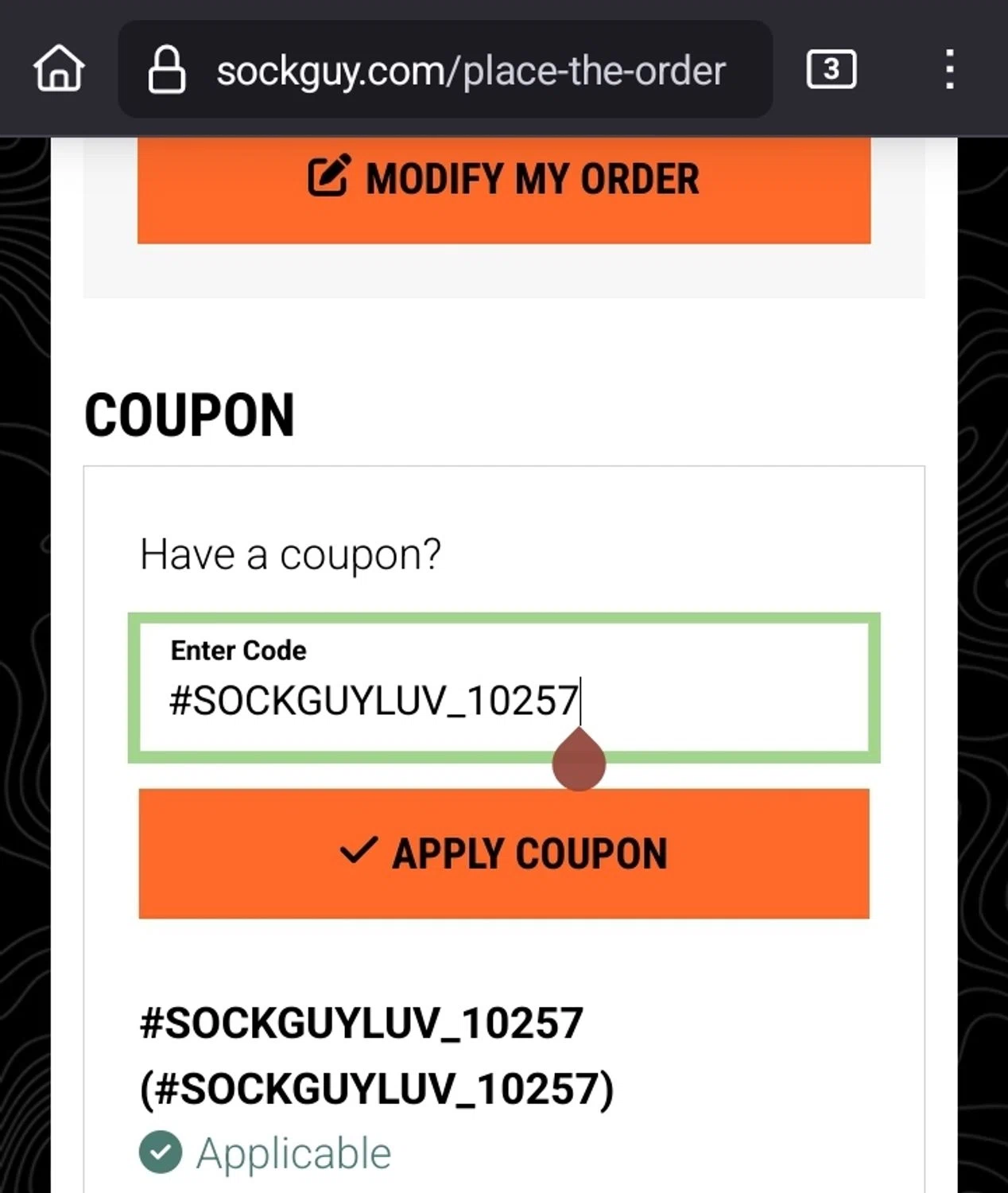 SockGuy promo code screenshot showing code #SOCKGUYLUV_10257 applied at SockGuy checkout page. Uploaded by SimplyCodes community member Sukuna_ on Jun 24, 2025