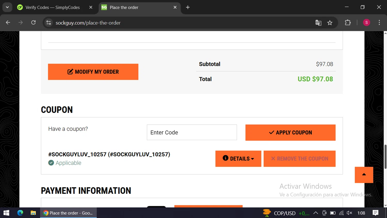 SockGuy promo code screenshot showing code #SOCKGUYLUV_10257 applied at SockGuy checkout page. Uploaded by SimplyCodes community member swiftie on Apr 27, 2025