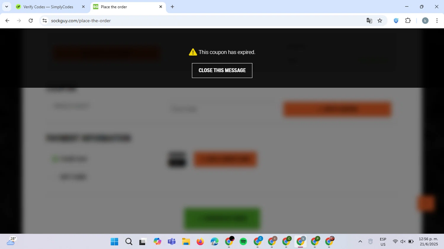 SockGuy promo code screenshot showing code SGMEMORIAL applied at SockGuy checkout page. Uploaded by SimplyCodes community member ValiantCaptain6560 on Jun 21, 2025