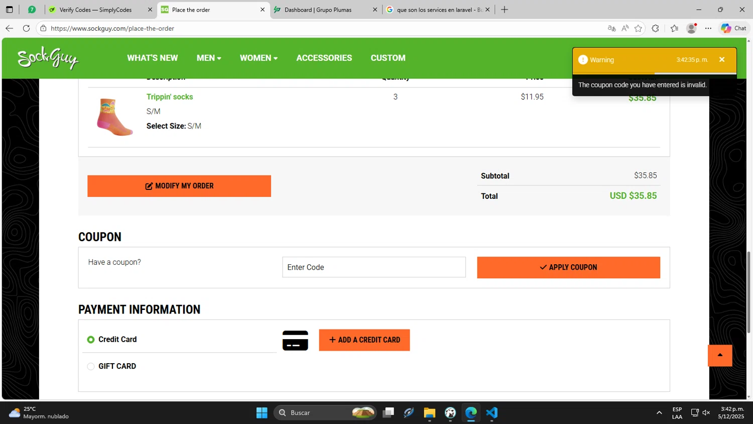 SockGuy promo code screenshot showing code SANTA2025 applied at SockGuy checkout page. Uploaded by SimplyCodes community member DaniTsu on Dec 5, 2025