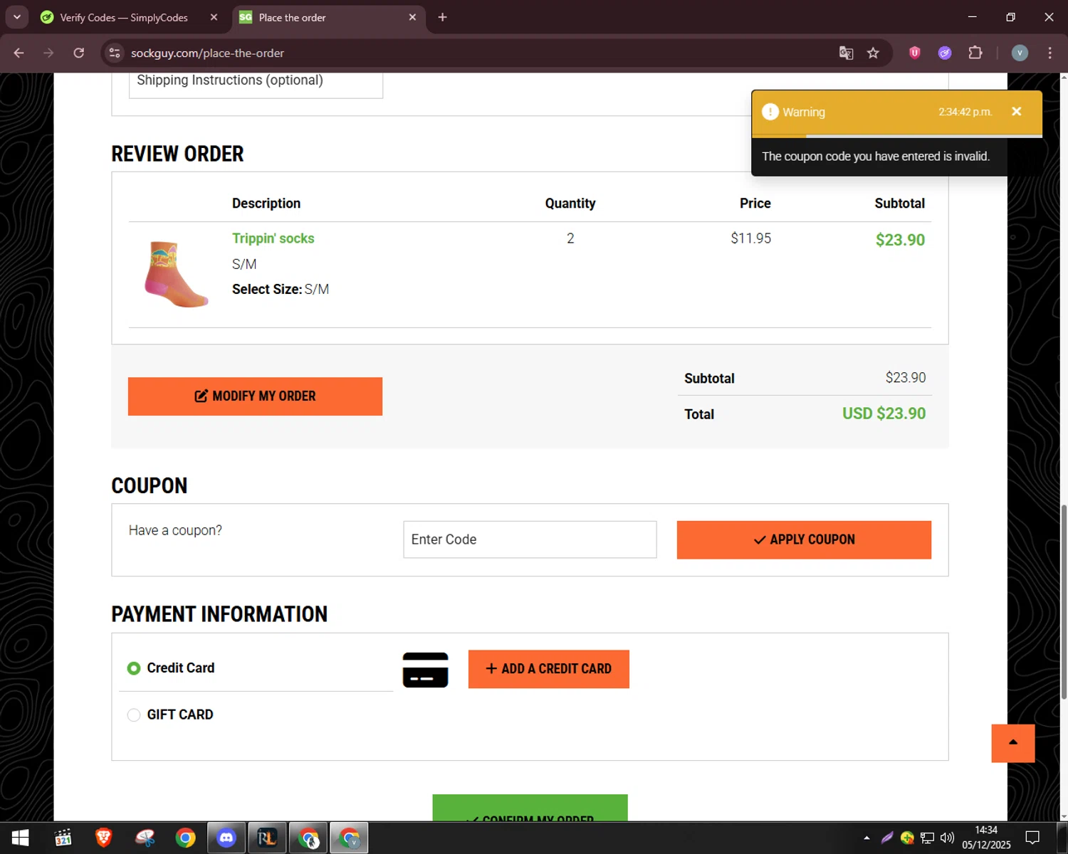 SockGuy promo code screenshot showing code SANTA2025 applied at SockGuy checkout page. Uploaded by SimplyCodes community member charmander589 on Dec 5, 2025