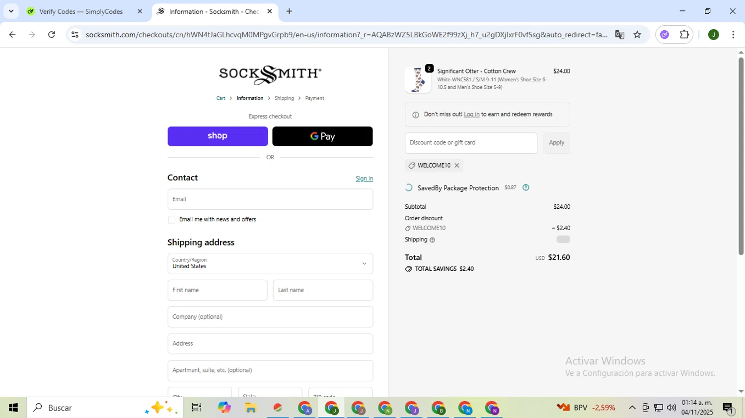 Socksmith promo code screenshot showing code WELCOME10 applied at Socksmith checkout page. Uploaded by SimplyCodes community member CleverSeeker3529 on Nov 4, 2025