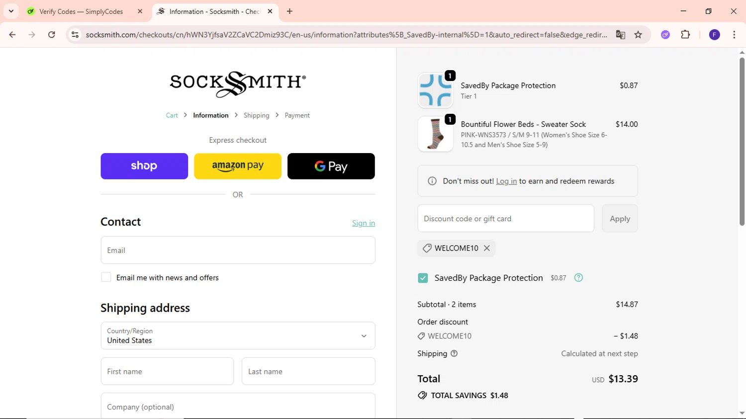 Socksmith promo code screenshot showing code WELCOME10 applied at Socksmith checkout page. Uploaded by SimplyCodes community member MightyCaptain635 on Sep 30, 2025