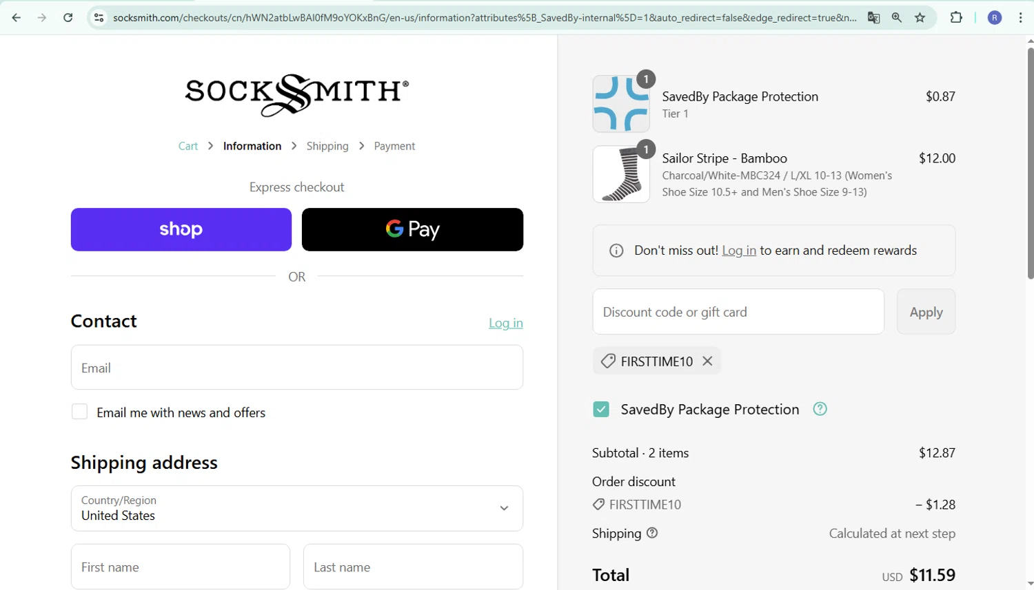 Socksmith promo code screenshot showing code FIRSTTIME10 applied at Socksmith checkout page. Uploaded by SimplyCodes community member CoinPilot9113 on Sep 4, 2025