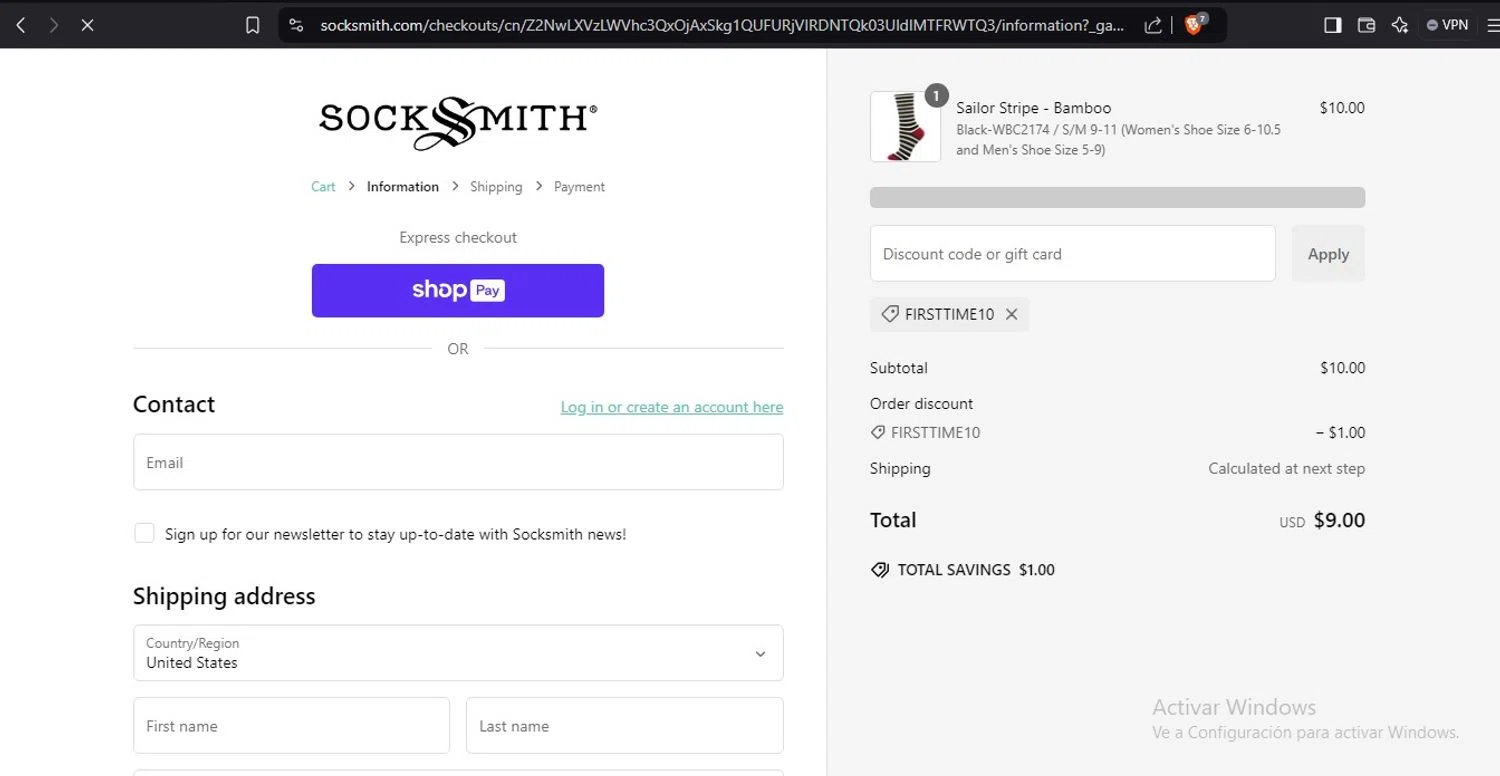 Socksmith promo code screenshot showing code FIRSTTIME10 applied at Socksmith checkout page. Uploaded by SimplyCodes community member ElToro on Jan 9, 2025