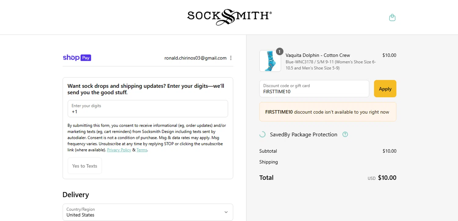 Socksmith promo code screenshot showing code FIRSTTIME10 applied at Socksmith checkout page. Uploaded by SimplyCodes community member PennySage5996 on Aug 6, 2025