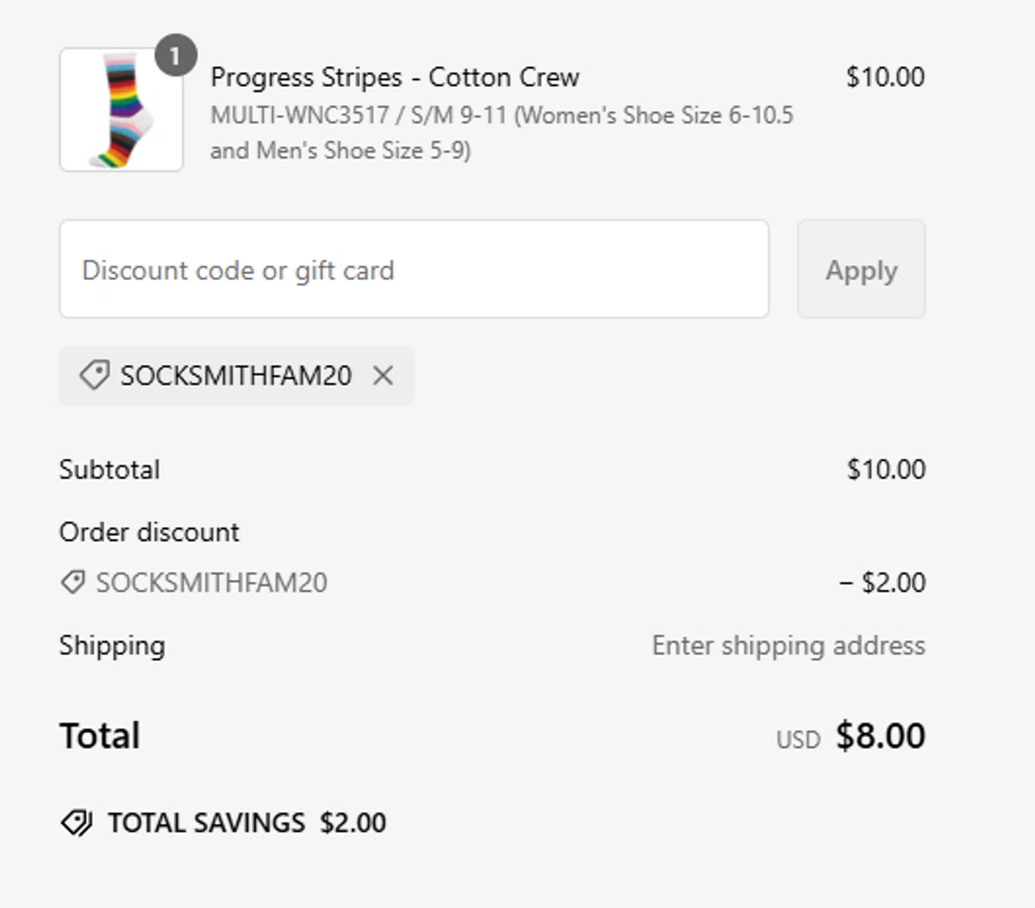 Socksmith promo code screenshot showing code SOCKSMITHFAM20 applied at Socksmith checkout page. Uploaded by SimplyCodes community member RebatePilot8693 on Feb 28, 2025