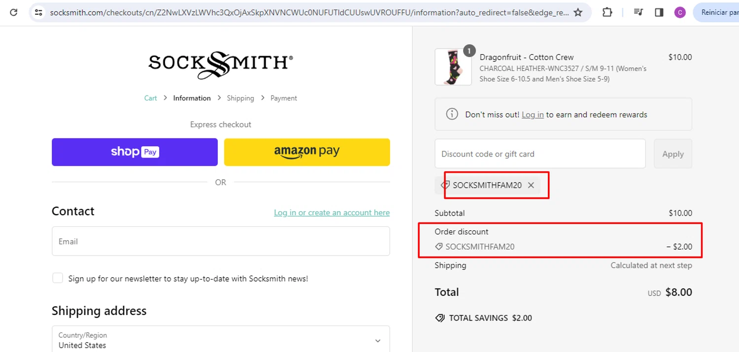 Socksmith promo code screenshot showing code SOCKSMITHFAM20 applied at Socksmith checkout page. Uploaded by SimplyCodes community member nileskamarcano on Jan 30, 2025