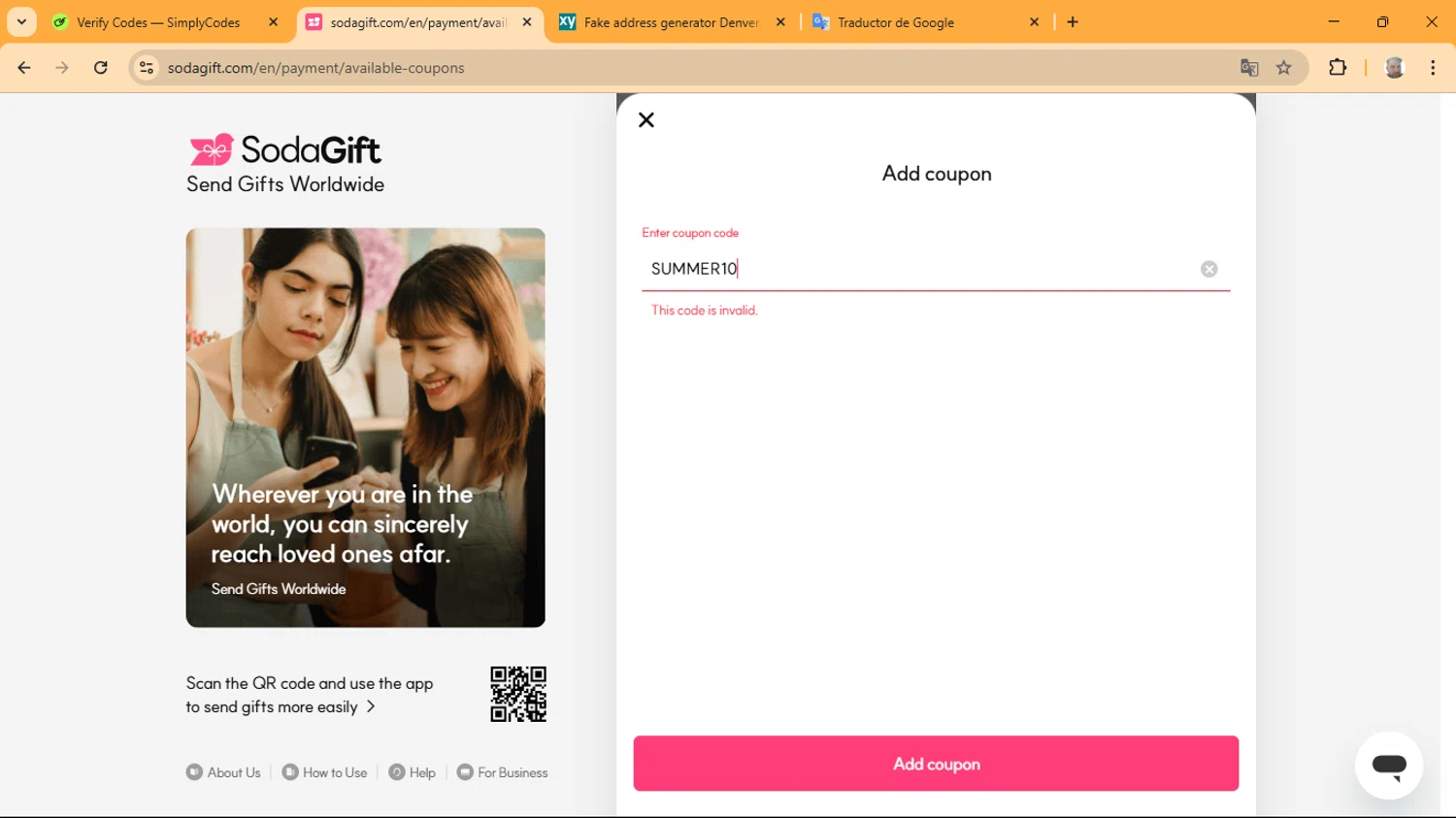 SodaGift promo code screenshot showing code SUMMER10 applied at SodaGift checkout page. Uploaded by SimplyCodes community member ManuelF on Mar 9, 2025
