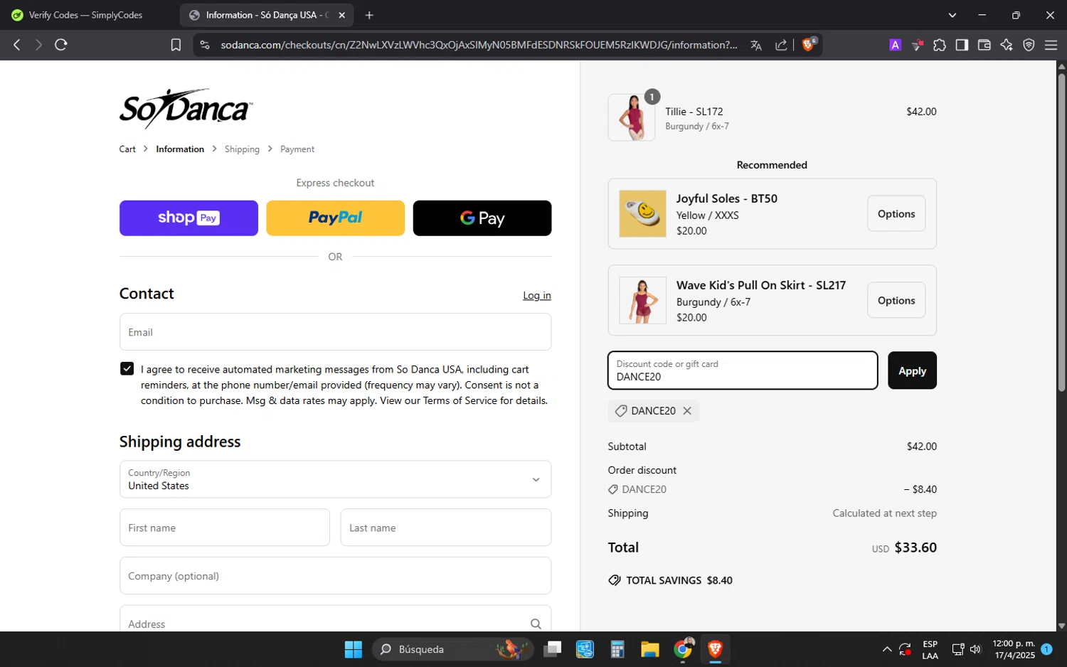 So Danca discount code screenshot showing code DANCE20 applied at So Danca checkout page. Uploaded by SimplyCodes community member MonkyDLuffy on Apr 17, 2025