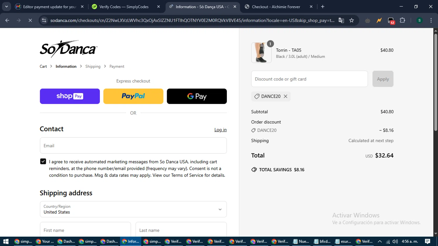 So Danca discount code screenshot showing code DANCE20 applied at So Danca checkout page. Uploaded by SimplyCodes community member ShrewdAce7935 on May 23, 2025