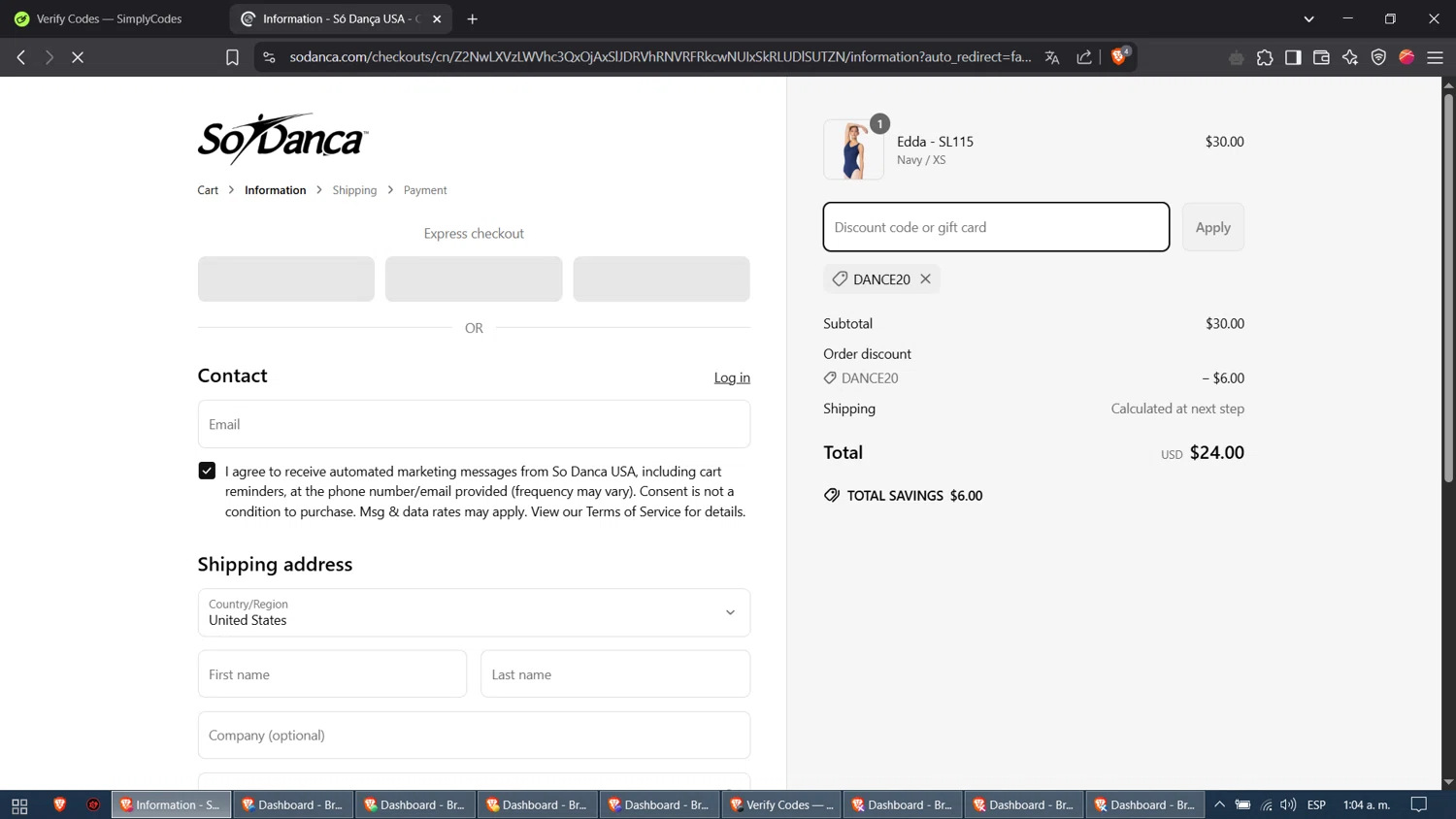 So Danca discount code screenshot showing code DANCE20 applied at So Danca checkout page. Uploaded by SimplyCodes community member pinpon on Apr 9, 2025