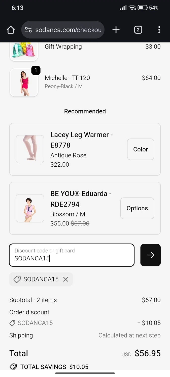 So Danca discount code screenshot showing code SODANCA15 applied at So Danca checkout page. Uploaded by SimplyCodes community member FrugalMonarch7277 on Dec 21, 2025