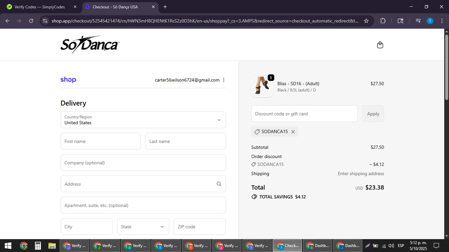 So Danca discount code screenshot showing code SODANCA15 applied at So Danca checkout page. Uploaded by SimplyCodes community member LuckyPioneer4530 on Oct 5, 2025