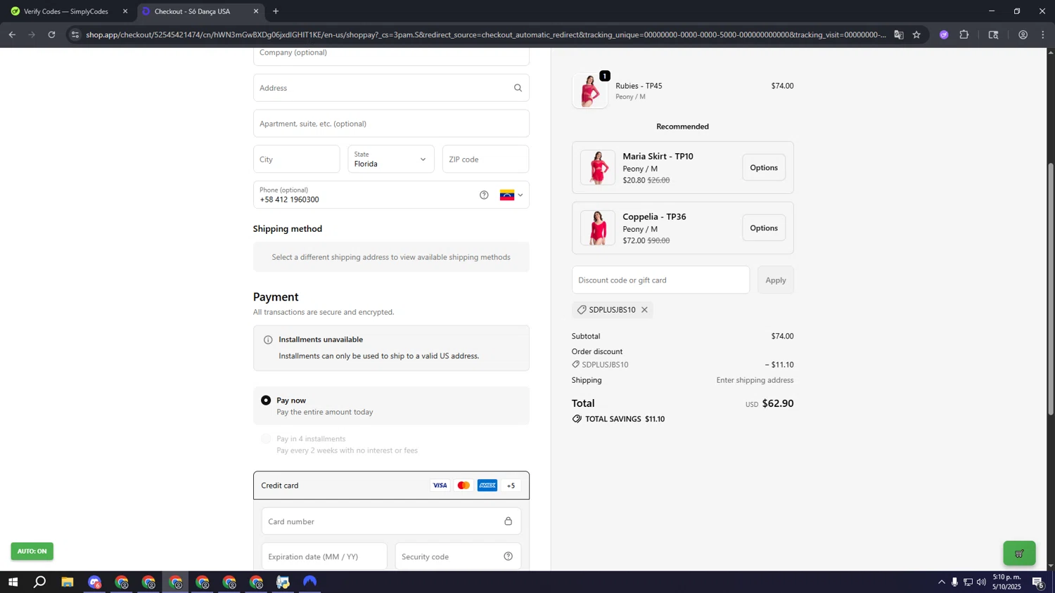 So Danca discount code screenshot showing code SDPLUSJBS10 applied at So Danca checkout page. Uploaded by SimplyCodes community member fffffffffffffffffff on Oct 5, 2025