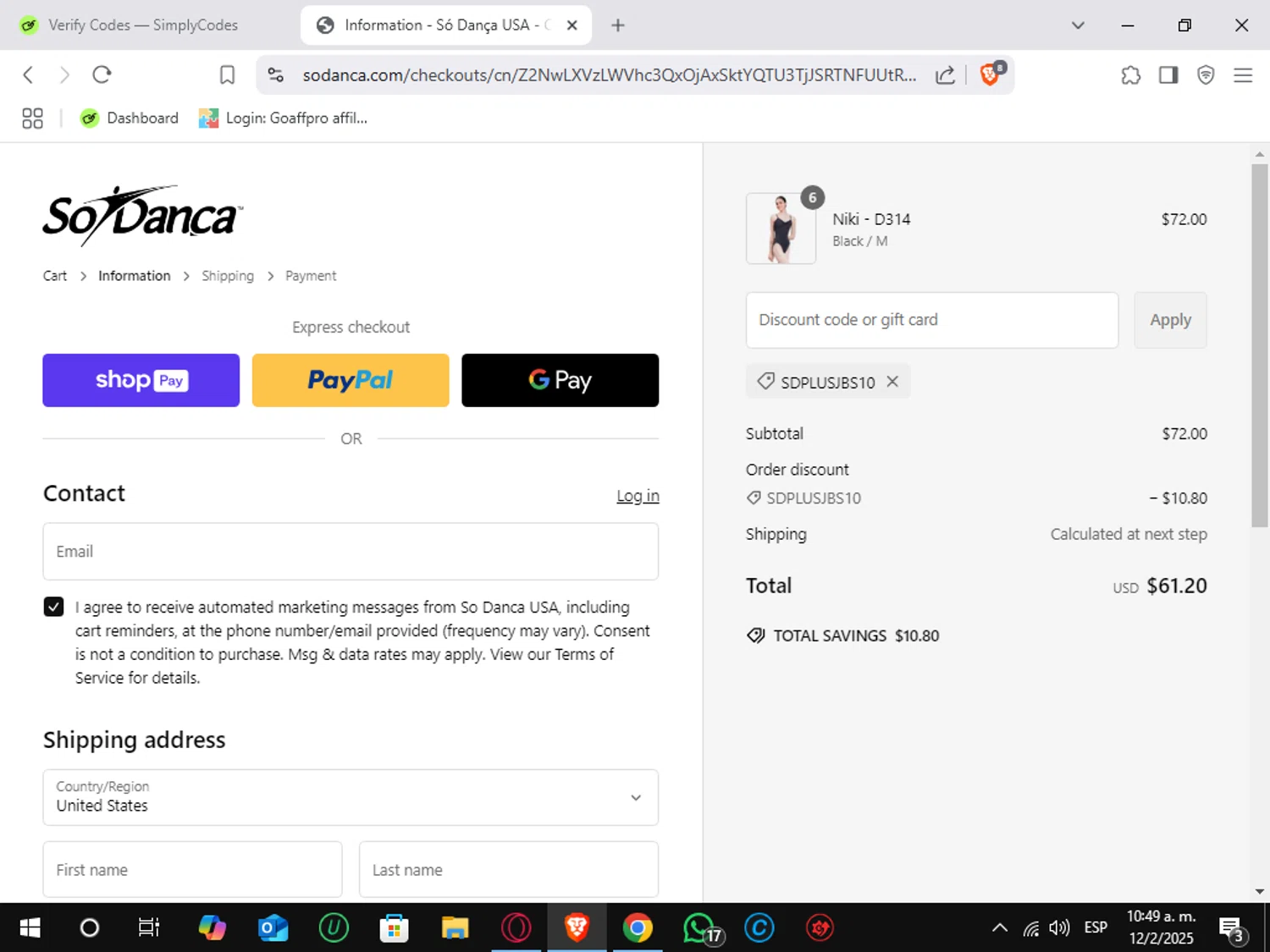 So Danca discount code screenshot showing code SDPLUSJBS10 applied at So Danca checkout page. Uploaded by SimplyCodes community member Sungjinwoo on Feb 12, 2025