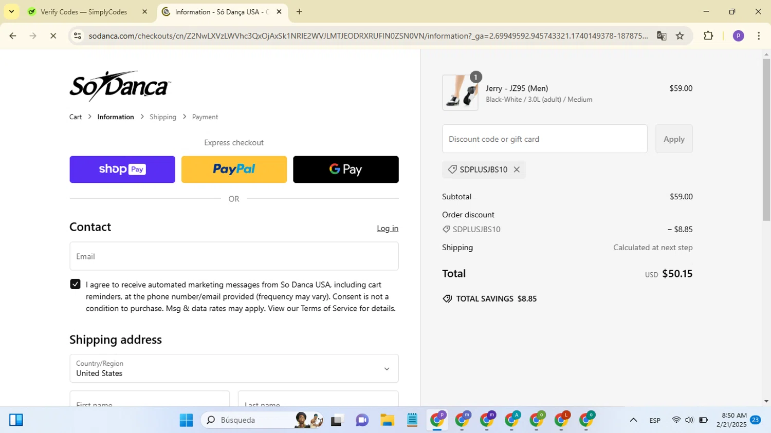 So Danca discount code screenshot showing code SDPLUSJBS10 applied at So Danca checkout page. Uploaded by SimplyCodes community member MoneyGenius4709 on Feb 21, 2025