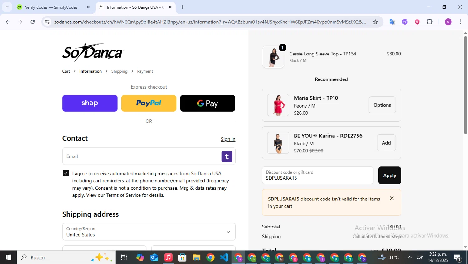 So Danca discount code screenshot showing code SDPLUSAKA15 applied at So Danca checkout page. Uploaded by SimplyCodes community member WonderPioneer5062 on Dec 14, 2025