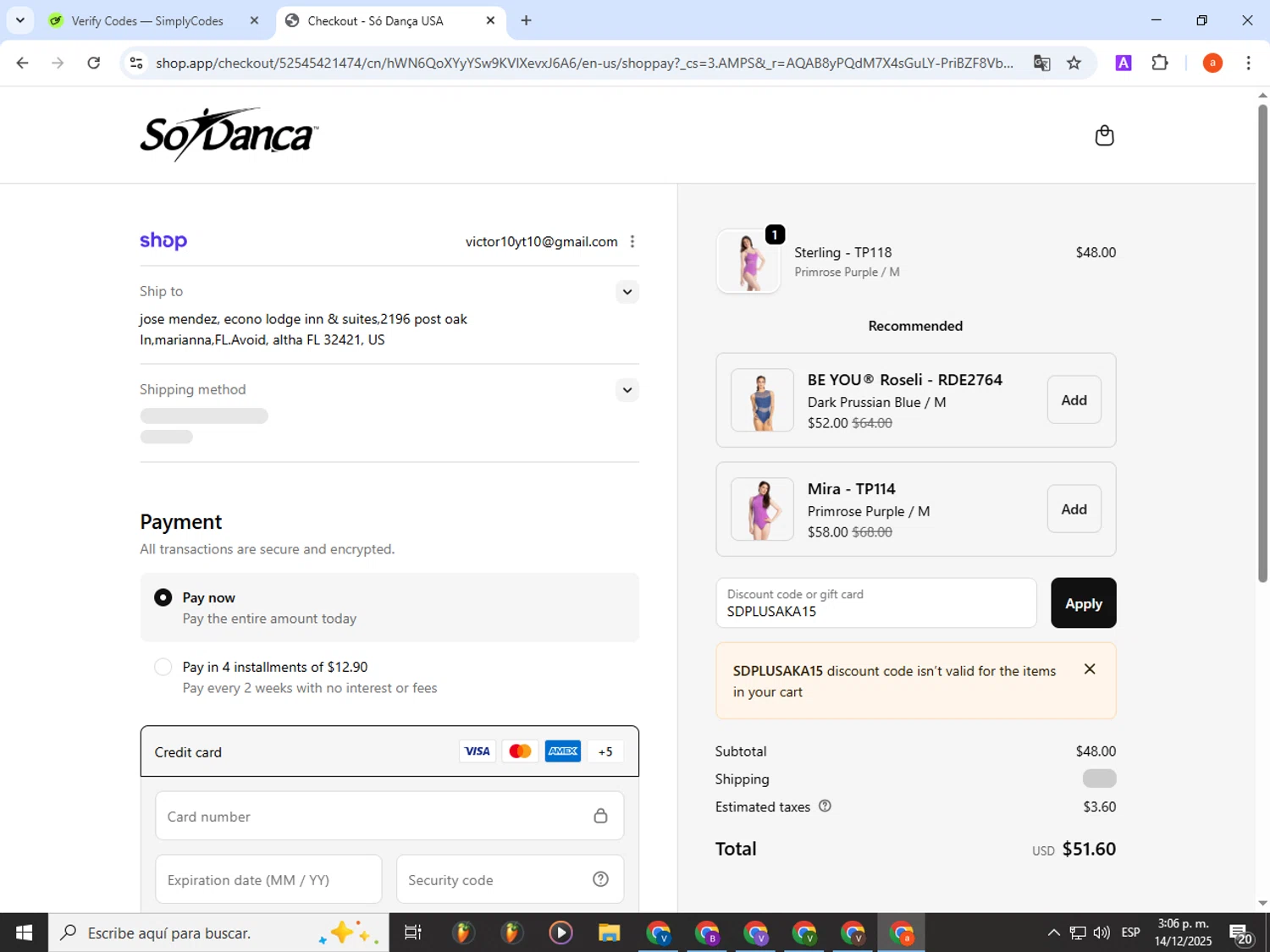 So Danca discount code screenshot showing code SDPLUSAKA15 applied at So Danca checkout page. Uploaded by SimplyCodes community member partenalgas on Dec 14, 2025