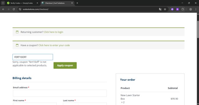 Sod Solutions checkout page showing Sod Solutions coupon code box | Screenshot taken by SimplyCodes community member on Aug 5, 2025