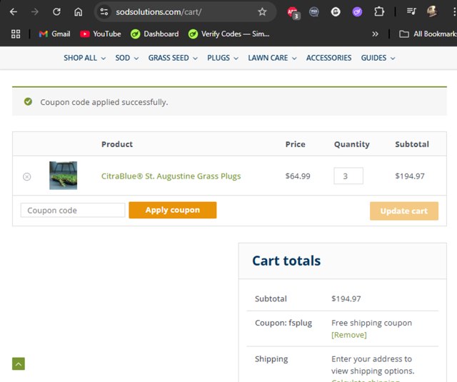 Sod Solutions checkout page showing Sod Solutions coupon code box | Screenshot taken by SimplyCodes community member on Aug 28, 2025