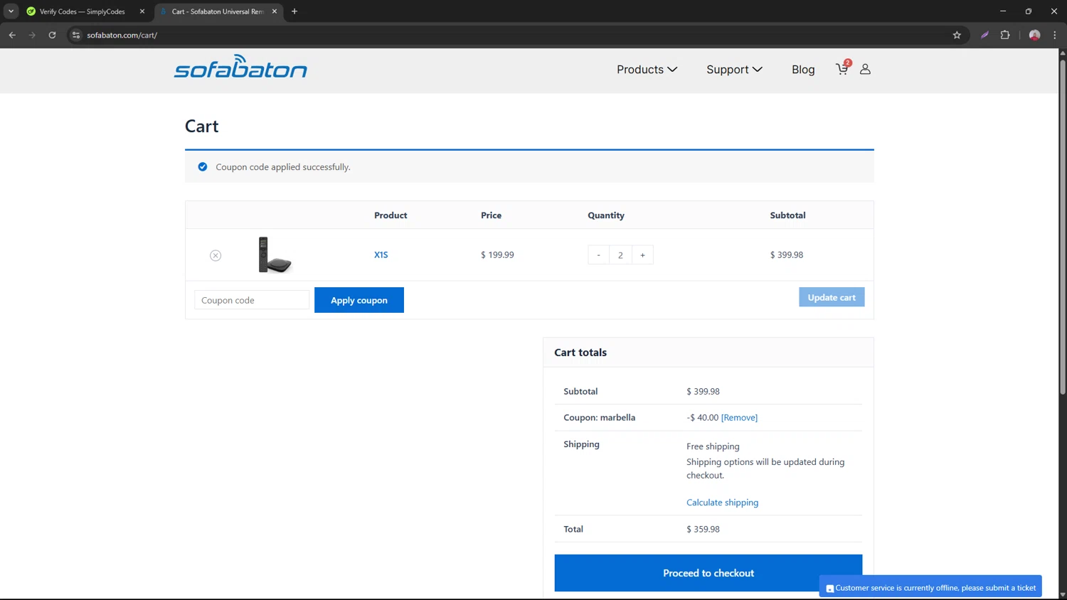 SofaBaton coupon code screenshot showing code MARBELLA applied at SofaBaton checkout page. Uploaded by SimplyCodes community member necesitoplata on Apr 3, 2025