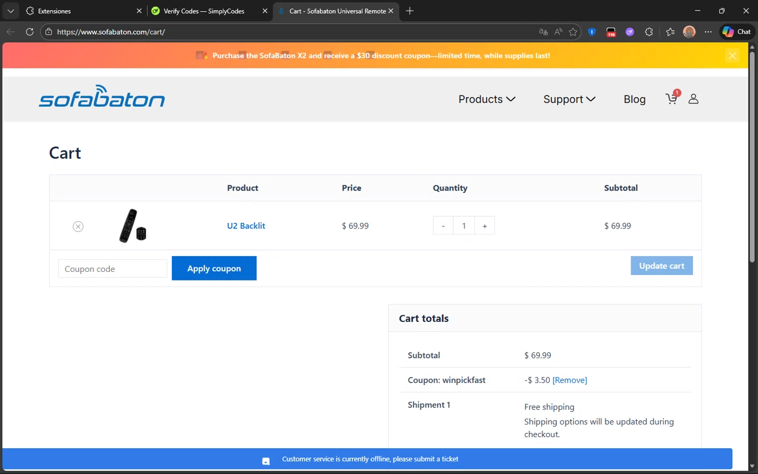 SofaBaton checkout page showing SofaBaton coupon code box | Screenshot taken by SimplyCodes community member on Feb 14, 2026