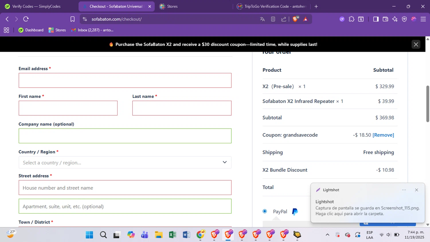 SofaBaton coupon code screenshot showing code grandsavecode applied at SofaBaton checkout page. Uploaded by SimplyCodes community member antoooooooooooooo on Nov 20, 2025