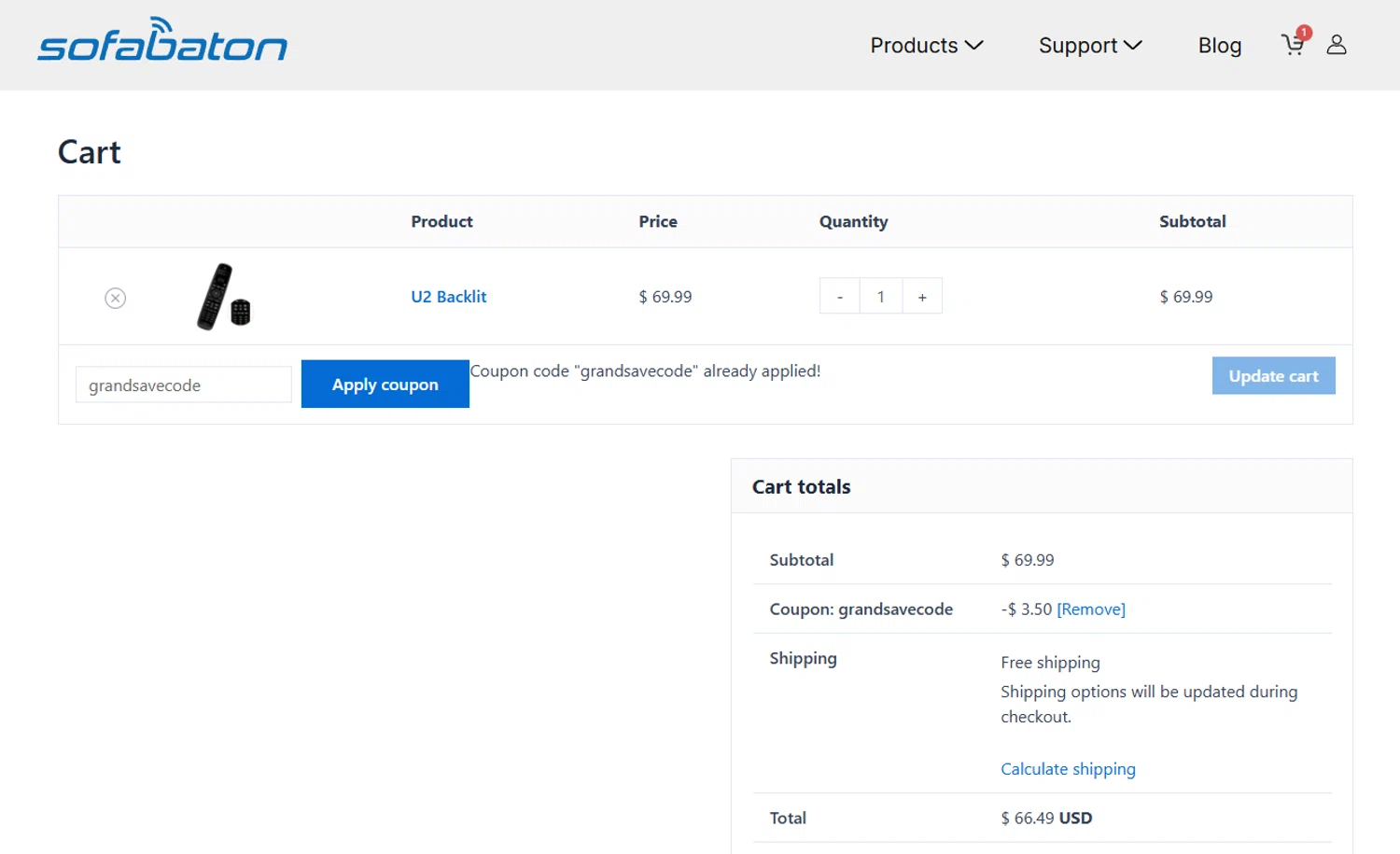 SofaBaton coupon code screenshot showing code grandsavecode applied at SofaBaton checkout page. Uploaded by SimplyCodes community member Mirian on Nov 20, 2025