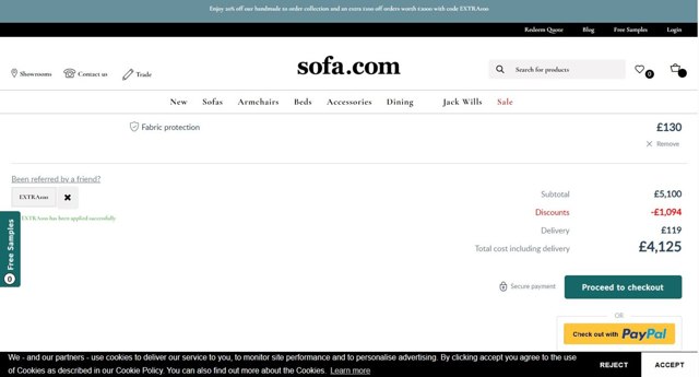 Sofa.com checkout page showing Sofa.com coupon code box | Screenshot taken by SimplyCodes community member on Mar 24, 2025