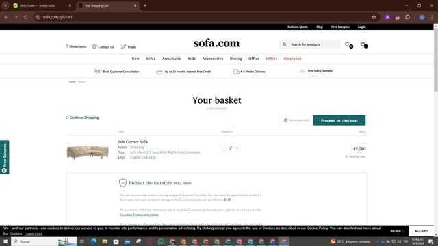 Sofa.com checkout page showing Sofa.com coupon code box | Screenshot taken by SimplyCodes community member on Sep 10, 2024