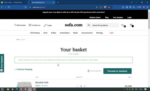 Sofa.com checkout page showing Sofa.com coupon code box | Screenshot taken by SimplyCodes community member on Oct 16, 2024