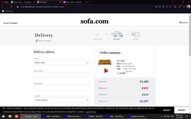 Sofa.com checkout page showing Sofa.com coupon code box | Screenshot taken by SimplyCodes community member on Jan 14, 2025