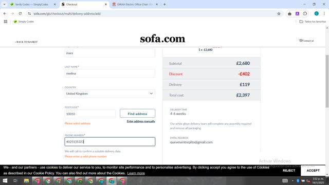 Sofa.com checkout page showing Sofa.com coupon code box | Screenshot taken by SimplyCodes community member on Jan 14, 2025