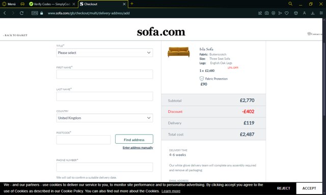 Sofa.com checkout page showing Sofa.com coupon code box | Screenshot taken by SimplyCodes community member on Jan 15, 2025