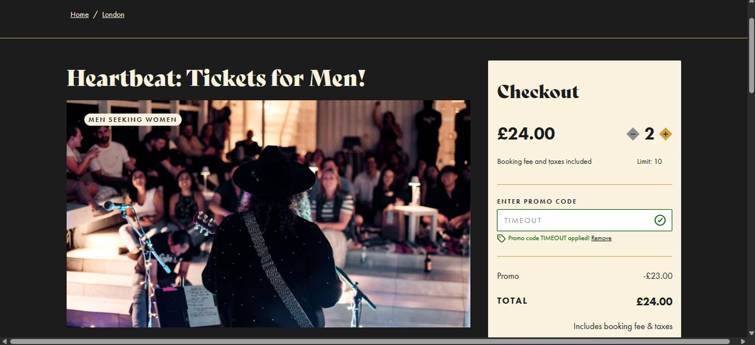 Sofar Sounds promo code screenshot showing code TIMEOUT applied at Sofar Sounds checkout page. Uploaded by SimplyCodes community member ______________ on May 1, 2025