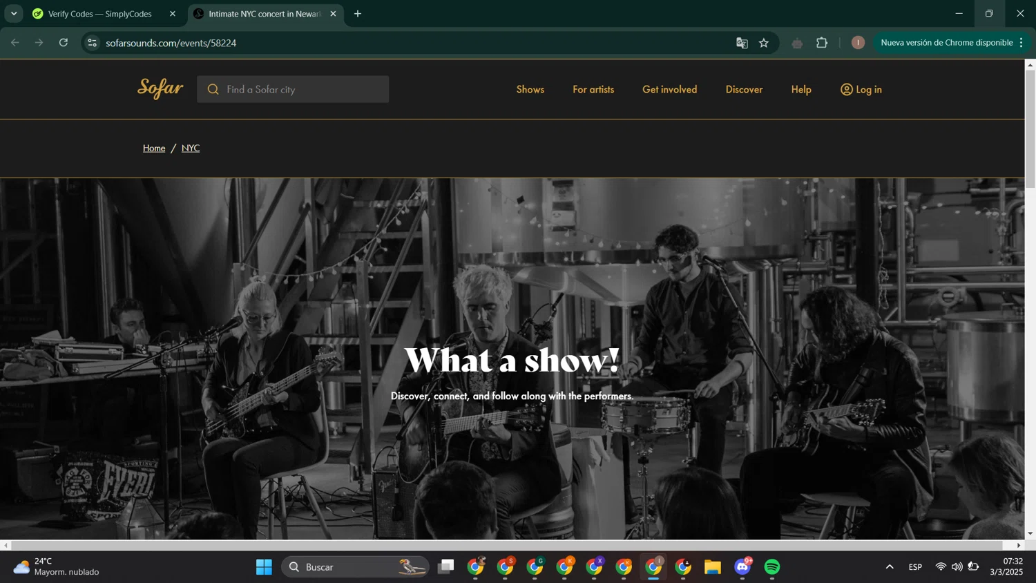 Sofar Sounds promo code screenshot showing code CELEBRATEJERSEY applied at Sofar Sounds checkout page. Uploaded by SimplyCodes community member RoyalPhoenix2730 on Mar 3, 2025
