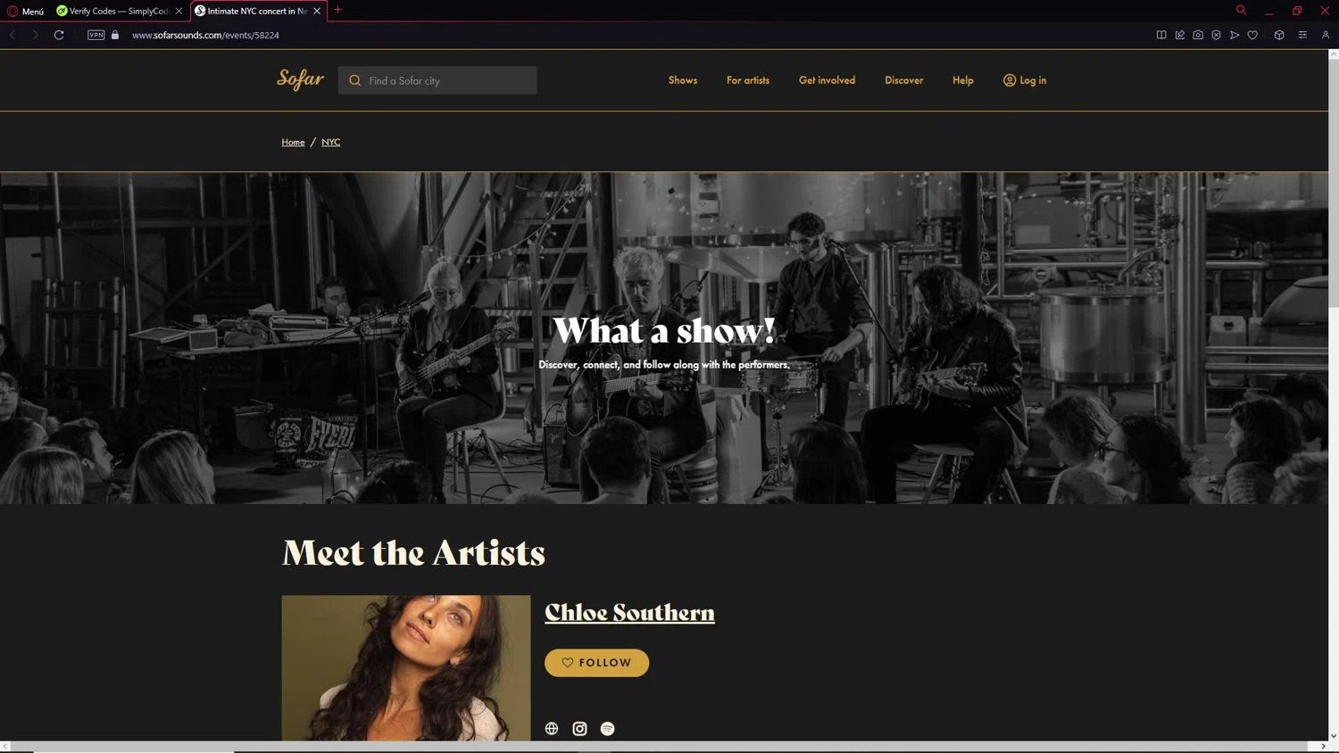 Sofar Sounds promo code screenshot showing code CELEBRATEJERSEY applied at Sofar Sounds checkout page. Uploaded by SimplyCodes community member NobleCollector3799 on Mar 3, 2025