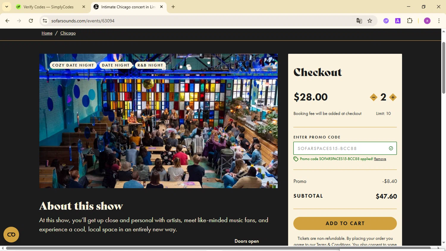 Sofar Sounds promo code screenshot showing code SOFARSPACES15-BCC88 applied at Sofar Sounds checkout page. Uploaded by SimplyCodes community member CodeMaverick246 on Oct 27, 2025