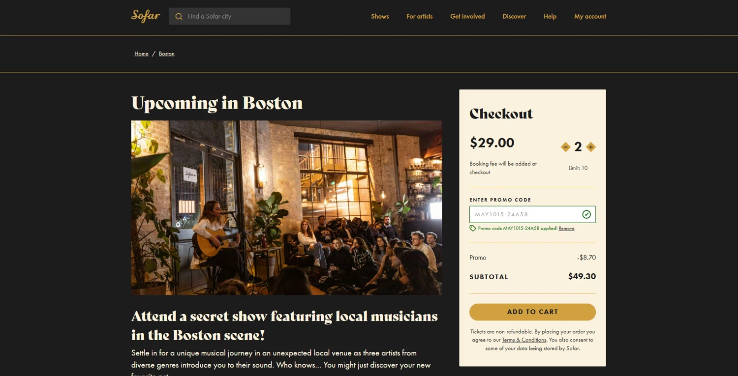 Sofar Sounds promo code screenshot showing code MAY1015-24A58 applied at Sofar Sounds checkout page. Uploaded by SimplyCodes community member vctr7w7x on May 8, 2025