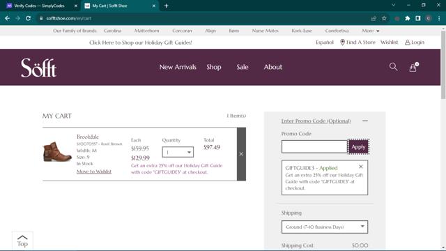 Sofft Shoe checkout page showing Sofft Shoe promo code box | Screenshot taken by SimplyCodes community member on Nov 19, 2023