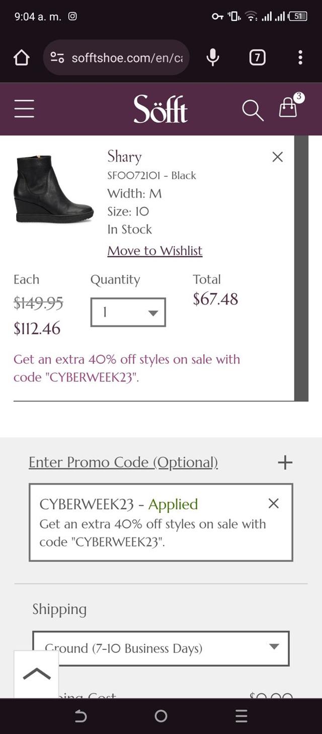 Sofft Shoe checkout page showing Sofft Shoe promo code box | Screenshot taken by SimplyCodes community member on Nov 22, 2023