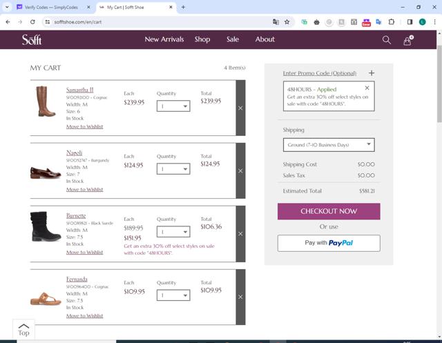 Sofft Shoe checkout page showing Sofft Shoe promo code box | Screenshot taken by SimplyCodes community member on Jan 27, 2024