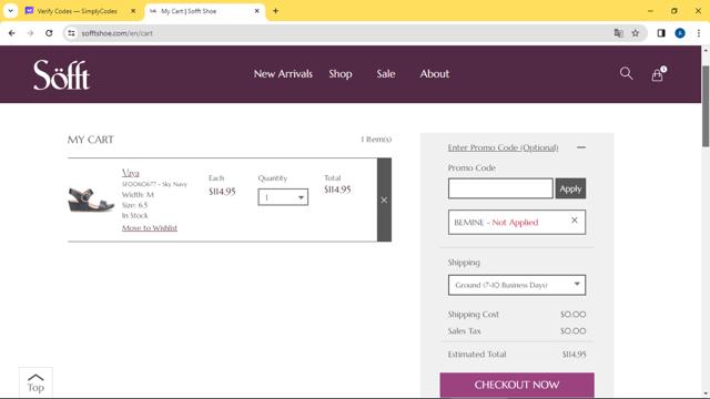 Sofft Shoe checkout page showing Sofft Shoe promo code box | Screenshot taken by SimplyCodes community member on Feb 11, 2024