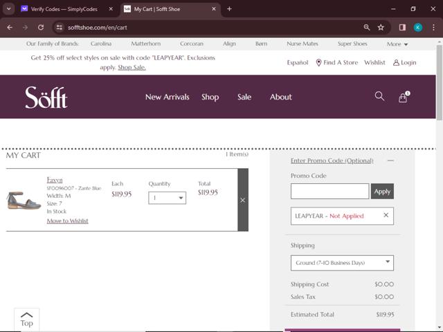 Sofft Shoe checkout page showing Sofft Shoe promo code box | Screenshot taken by SimplyCodes community member on Feb 29, 2024